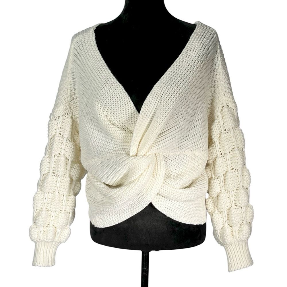 Cream Knit Twist Sweater Chunky Knit Balloon Sleeve Shrug Off Shoulder Coquette
